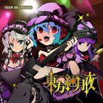  bat_wings blue_eyes blue_hair braid drum guitar hairband hat headphones instrument izayoi_sakuya long_hair microphone multiple_girls narumi_(uminari) patchouli_knowledge purple_eyes purple_hair red_eyes remilia_scarlet short_hair silver_hair thighhighs touhou twin_braids wings 