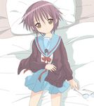  bad_id bad_pixiv_id bangs cardigan core_(mayomayo) glasses kita_high_school_uniform lying nagato_yuki pillow purple_hair school_uniform serafuku short_hair solo suzumiya_haruhi_no_yuuutsu yellow_eyes 