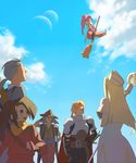  3girls aqua_background arche_klein bad_id bad_pixiv_id blonde_hair blue_eyes broom brown_eyes brown_hair cape chester_barklight cless_alvein cloud day esukee fujibayashi_suzu gloves grey_hair hat klarth_lester mint_adenade multiple_boys multiple_girls pants pink_hair pink_pants ponytail scarf sky staff tales_of_(series) tales_of_phantasia 