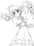  fingerless_gloves gloves greyscale left-handed long_hair lyrical_nanoha mahou_shoujo_lyrical_nanoha mahou_shoujo_lyrical_nanoha_the_movie_1st masakichi_(crossroad) monochrome raising_heart sketch solo takamachi_nanoha twintails 