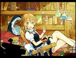  blonde_hair book chain hands hat hat_removed headwear_removed kirisame_marisa mimi-chan mushroom open_book room sergei_(pattundo) short_hair sitting solo touhou vial witch_hat yellow_eyes 
