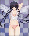  amamiya_yuuko bad_id bad_pixiv_id bikini black_hair border checkered ef highres long_hair mikuri_yoru red_eyes shirt sleeveless sleeveless_shirt solo swimsuit wings 