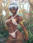  alternate_hairstyle armlet bikini blue_eyes bracelet breasts capcom company_connection criss-cross_halter crossover dark_skin earrings elena_(street_fighter) halter_top halterneck jewelry jungle large_breasts monster_hunter nature polearm short_hair silver_hair solo spear street_fighter street_fighter_iii_(series) swimsuit toned torashiro_eiji tribal water weapon wet yian_kut-ku 