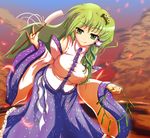  :d \m/ breasts detached_sleeves frog gohei green_eyes green_hair hair_ornament highres kado kochiya_sanae large_breasts leaning_forward long_hair open_mouth smile snake_hair_ornament solo tongue touhou wide_sleeves 