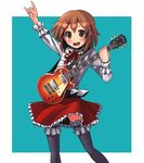  \n/ bow brown_eyes brown_hair electric_guitar frills fuwafuwa_time gibson guitar hirasawa_yui instrument k-on! patricia_(stylish_marunage) short_hair skirt solo thighhighs 