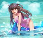  :d bad_id bad_pixiv_id bessho_koyoi brown_hair casual_one-piece_swimsuit dolphin frilled_swimsuit frills hatsukoi_limited inflatable_dolphin inflatable_toy long_hair one-piece_swimsuit open_mouth pink_swimsuit red_eyes riding sea_spray shimaji smile solo swimsuit two_side_up 