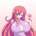  blush breasts gigantic_breasts huge_breasts long_hair one_eye_closed red_eyes red_hair solo sweat yant 