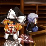  1girl ahoge blonde_hair blue_eyes blush braid couple glasses happy_valentine hat hetero kirisame_marisa morichika_rinnosuke niji_(nijioki) short_hair silver_hair touhou valentine witch_hat 