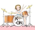  brown_eyes brown_hair casual cymbals drum drum_set drumsticks hairband instrument k-on! one_eye_closed qwer short_hair solo spread_legs tainaka_ritsu tomboy 