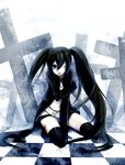  bad_id bad_pixiv_id belt black_hair black_rock_shooter black_rock_shooter_(character) blue_eyes boots checkered chm cross gloves injury kneeling long_hair midriff navel scar shorts solo thigh_boots thighhighs twintails 