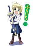  :d ahoge artoria_pendragon_(all) avalon_(fate/stay_night) blonde_hair excalibur fate/stay_night fate_(series) green_eyes kishi_nisen open_mouth pantyhose parody saber sheath sheathed smile solo sword weapon yotsubato! 