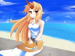  bad_id bad_pixiv_id beach blonde_hair cloud cuffs day dress hat horn hoshiguma_yuugi kosmosshuffle long_hair ocean outdoors pointy_ears red_eyes sitting sky solo straw_hat sundress touhou water 