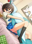  antenna_hair bed black_legwear dutch_angle face glasses heebee hug idolmaster idolmaster_(classic) kikuchi_makoto kneehighs lying necktie nonowa on_back pen pillow plaid plaid_skirt rough_time_school school_uniform short_hair skirt socks solo stuffed_animal stuffed_toy 