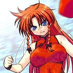  angry bare_shoulders blue_eyes braid breasts china_dress chinese_clothes dress glaring hong_meiling large_breasts long_hair no_hat no_headwear red_hair solo takadoya touhou twin_braids 