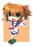  blue_skirt brown_hair chibi fang green_eyes hair_bobbles hair_ornament kataoka_yuuki kiyosumi_school_uniform mahjong reku saki school_uniform serafuku short_hair skirt solo taco thighhighs two_side_up 