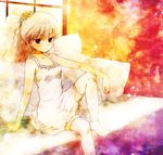  arm_rest arm_support bangs bare_arms bare_shoulders beads bed_sheet breasts closed_mouth dress eyebrows_visible_through_hair flower frown hair_beads hair_flower hair_ornament high_ponytail knee_up light_particles looking_at_viewer medium_hair no_shoes ogawa_hidari original outstretched_arm pillow ponytail short_dress sidelocks sitting sleeveless sleeveless_dress small_breasts solo thighhighs wavy_hair white_dress white_hair white_legwear white_pillow wide_ponytail window yellow_flower zettai_ryouiki 