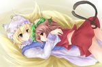  animal_ears bad_id bad_pixiv_id blonde_hair brown_hair cat_ears cat_tail chen earrings fox_tail hat hug jewelry long_sleeves multiple_girls multiple_tails nekokotei no_panties pillow_hat ribbon short_hair tail tassel touhou yakumo_ran 