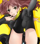  amamomo bad_feet black_legwear brown_eyes feet kujikawa_rise legs_up licking_lips lying panties pantyshot pantyshot_(lying) persona persona_4 red_hair school_uniform serafuku skirt solo striped striped_panties thighhighs tongue tongue_out twintails underwear 