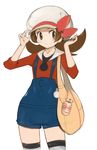  bag bow brown_eyes brown_hair cabbie_hat cellphone handbag hat hat_ribbon highres kotone_(pokemon) osaki overalls phone pokegear pokemon pokemon_(game) pokemon_hgss red_ribbon ribbon short_twintails simple_background smile solo thighhighs twintails white_background 