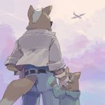  airplane belt child day family father_and_son fox_mccloud from_behind furry glasses jacket james_mccloud lowres nemurism no_humans oekaki sky star_fox sunglasses tail younger 