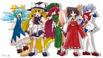  black_hair blonde_hair blue_eyes blue_hair bow braid broom china_dress chinese_clothes cirno detached_sleeves dress gohei hair_bow hairband hakurei_reimu hat highres hong_meiling izayoi_sakuya kirisame_marisa long_hair multiple_girls one_eye_closed red_hair scarf short_hair silver_hair thighhighs touhou twin_braids wings witch_hat yakuta_tetsuya yellow_eyes 