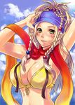  arms_up bad_id bad_pixiv_id bandana beads bikini_top blonde_hair blue_headband braid breasts cloud day final_fantasy final_fantasy_x final_fantasy_x-2 green_eyes large_breasts lipstick long_hair makeup rikku scarf sky smile solo tsukisawa 