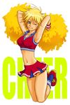  armpits blonde_hair blue_eyes breasts cheerleader copyright_request large_breasts midriff navel one_eye_closed pom_poms shoes short_hair skirt sneakers socks solo tachibana_chata tank_top 