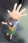  brown_hair foreshortening hands hige_shinshi highres outstretched_arm outstretched_hand reaching red_eyes school_uniform solo tsukihime yumizuka_satsuki 