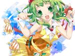  bow breasts child cleavage fang fish green_eyes green_hair gumi hekicha medium_breasts microphone ribbon solo vocaloid wrist_cuffs 