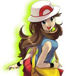  alternate_costume bag blue_(pokemon) blue_eyes brown_hair handbag hat long_hair pokemon pokemon_special pokipoki porkpie_hat simple_background smile solo white_background wristband 