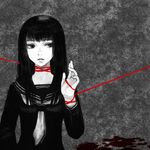  bad_id bad_pixiv_id black_hair blood copyright_request kno_(anahita) long_hair mole mole_under_eye monochrome red_string school_uniform serafuku solo spot_color string 