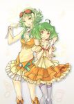  ahoge crossover dress frills goggles green_eyes green_hair gumi headset look-alike macross macross_frontier multiple_girls nakajima_megumi orange_dress ranka_lee red_eyes reika_(clovia_studio) seiyuu_connection thighhighs vocaloid wing_collar wrist_cuffs 