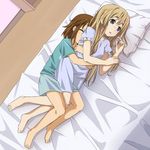  banned_artist barefoot bed blonde_hair blue_eyes blush brown_hair closed_eyes feet hirasawa_yui hug k-on! kotobuki_tsumugi long_hair lying mountain_pukuichi multiple_girls pillow sleeping 