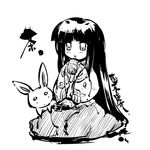  bangs blunt_bangs bunny cup greyscale houraisan_kaguya monochrome sitting solo tokiame touhou 