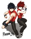  1girl back-to-back bad_id bad_pixiv_id bare_shoulders black_hair braid breasts chinese_clothes dual_persona fighting_stance full_body genderswap genderswap_(mtf) grey_eyes kung_fu medium_breasts muscle ranma-chan ranma_1/2 red_eyes red_hair saotome_ranma short_hair single_braid suha5588 tangzhuang wristband 