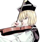  blonde_hair bow_(instrument) crescent fingernails hat instrument kyuu_umi lunasa_prismriver shirt short_hair simple_background solo staring touhou vest violin white_background yellow_eyes 