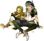  bad_id bad_pixiv_id bandana barefoot boots earrings final_fantasy final_fantasy_vi fingerless_gloves gau gloves green_hair grey_eyes jacket jewelry lock_cole long_hair male_focus multiple_boys necklace orange_eyes pointy_ears sakizou sitting smile traditional_media watercolor_(medium) white_hair 