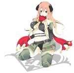  arishiki armor bare_shoulders breasts emblem fantasy_earth_zero green_eyes kneeling large_breasts long_hair pink_hair scarf scout_(fez) solo thighhighs 