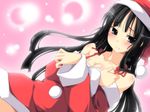  akiyama_mio bare_shoulders black_hair blush breasts christmas cleavage grey_eyes hat k-on! long_hair medium_breasts nagami_yuu santa_costume santa_hat solo 