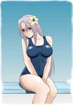  bare_shoulders blush breasts embarrassed flower ga-rei ga-rei_zero hair_flower hair_ornament isayama_mei large_breasts long_hair one-piece_swimsuit purple_hair red_eyes sabachiyo_land school_swimsuit sitting solo swimsuit 