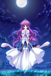  blue_eyes copyright_request crown dress grass highres long_hair mitha moon night pink_hair solo 
