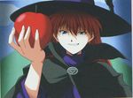  apple artist_request ayanami_raising_project blue_eyes cape cloud costume food fruit grimm's_fairy_tales grin hands hat holding holding_food holding_fruit neon_genesis_evangelion official_art red_hair scan scan_artifacts sky smile snow_white solo souryuu_asuka_langley witch_hat 