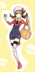  bad_id bad_pixiv_id bag brown_eyes brown_hair cabbie_hat hat hat_ribbon holding holding_poke_ball iwao_(pixiv258710) kneehighs kotone_(pokemon) overalls poke_ball poke_ball_(generic) poke_ball_theme pokemon pokemon_(game) pokemon_hgss red_ribbon ribbon short_twintails socks solo thighhighs twintails 