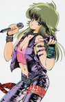  80s armlet ayukawa_madoka big_hair blue_eyes breasts camisole choker cleavage crop_top fingerless_gloves gloves green_hair kimagure_orange_road leather leather_pants long_hair matsumoto_izumi medium_breasts microphone midriff navel non-web_source oldschool open_fly pants punk solo studded_bracelet thigh_strap unzipped vest 