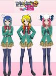  ahoge blazer blonde_hair blue_hair blush jacket multiple_girls otonashi_ran otonashi_ren otonashi_rin pink_hair plaid plaid_skirt rosario+vampire skirt thighhighs zettai_ryouiki 