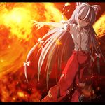  baggy_pants bangs fire fujiwara_no_mokou lens_flare letterboxed long_hair outstretched_arm pants solo suspenders torn_clothes touhou very_long_hair zb 