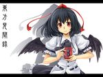  black_hair black_wings camera hat looking_at_viewer red_eyes shameimaru_aya short_hair smile solo tokin_hat touhou twin-lens_reflex_camera windart wings 