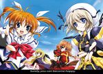  ahoge beret blonde_hair blue_eyes bow braid brown_hair cape english fate_testarossa fingerless_gloves floating_hair gloves hair_ornament hat kanna_(plum) long_hair long_sleeves looking_at_viewer lyrical_nanoha magical_girl mahou_shoujo_lyrical_nanoha mahou_shoujo_lyrical_nanoha_a's multiple_girls petals puffy_sleeves reaching red_eyes red_hair ribbon shy skis smile takamachi_nanoha twin_braids twintails uniform very_long_hair vita wind yagami_hayate 