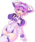  armor breasts elbow_gloves exelica gloves looking_at_viewer medium_breasts open_mouth purple_eyes purple_hair short_hair skin_tight solo thighhighs trigger_heart_exelica white_background yukimura_tsubame 