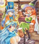  3girls alcohol bad_id bad_pixiv_id bar beer billboard blue_hair bodysuit boots breasts cape circlet cleavage cup dragon_quest dragon_quest_iii gloves hat jewelry large_breasts long_hair mage_(dq3) mitre mug multiple_boys multiple_girls necklace one_eye_closed open_mouth orange_bodysuit pemoko pink_hair priest_(dq3) purple_eyes red_eyes sage_(dq3) short_hair sideboob smile tabard traditional_media witch_hat 